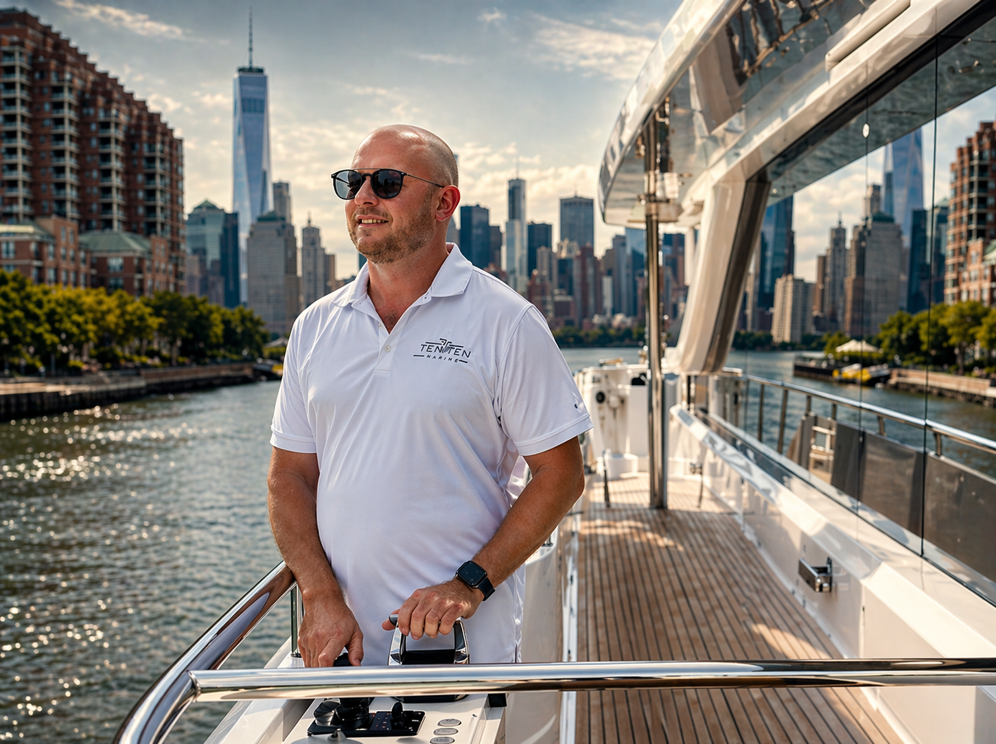 Captain Eli Olive in white polo and sunglasses standing on a boat with a city skyline behind him