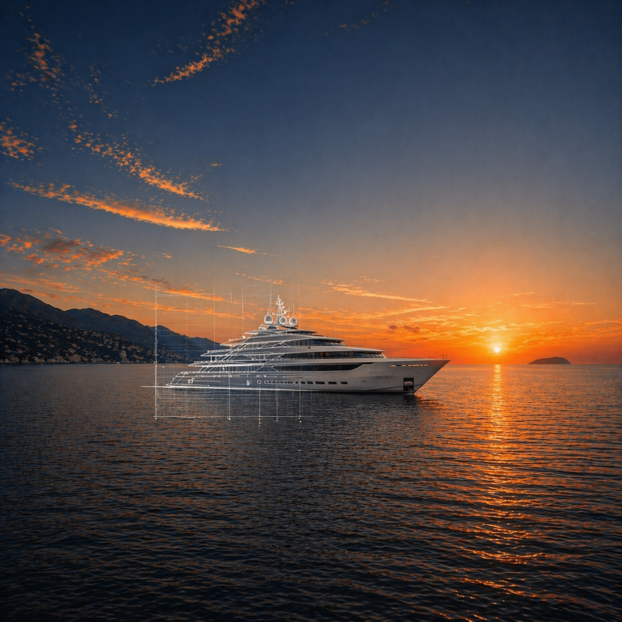 Luxury yacht silhouetted on calm sea at sunset, with mountains in the distance