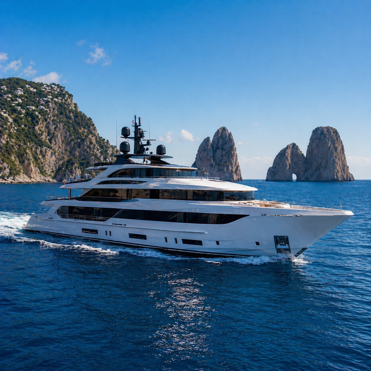 White luxury yacht cruising on blue sea near rocky cliffs under a clear sky