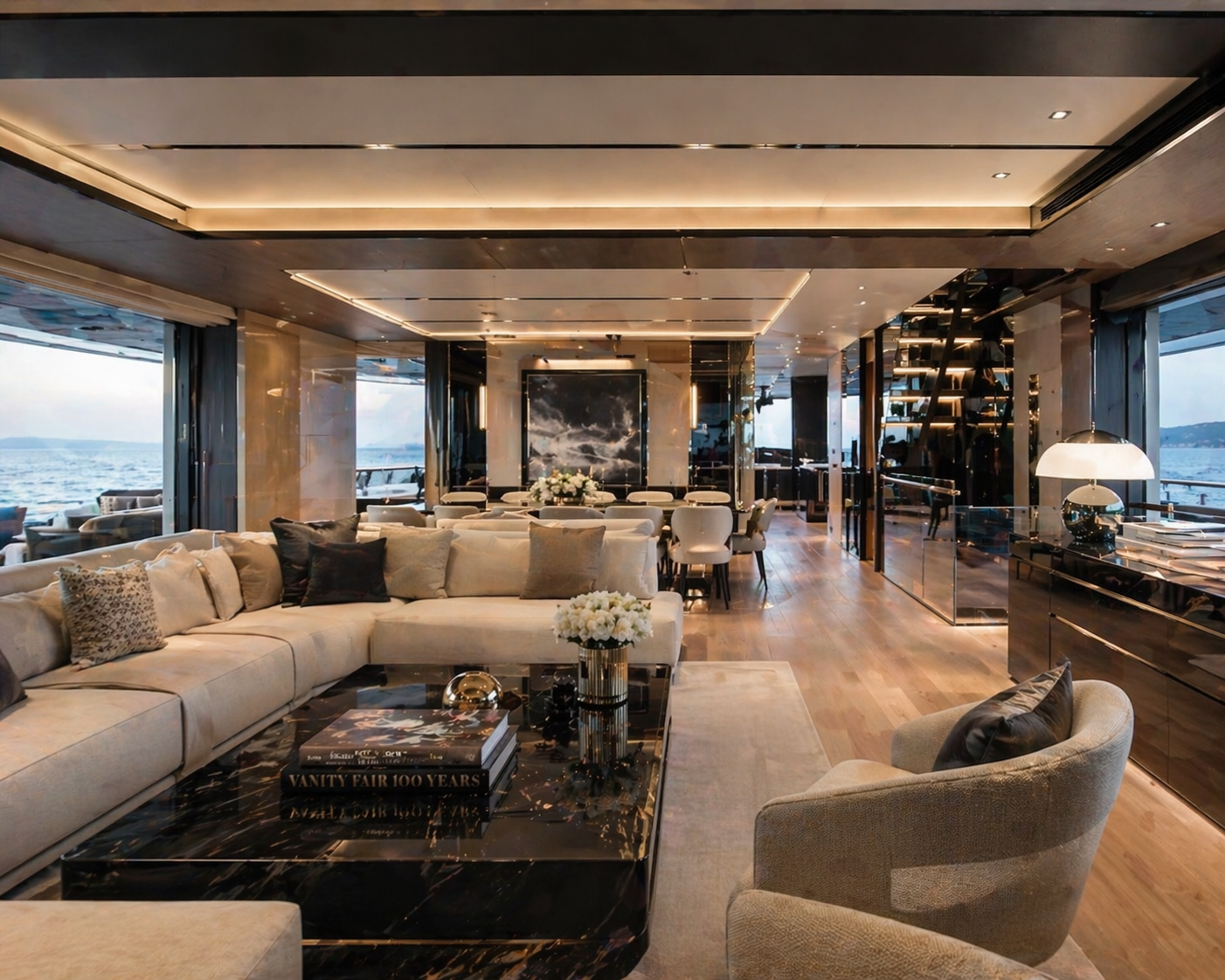 Modern yacht with cream sofas, polished floors, and large windows with city views